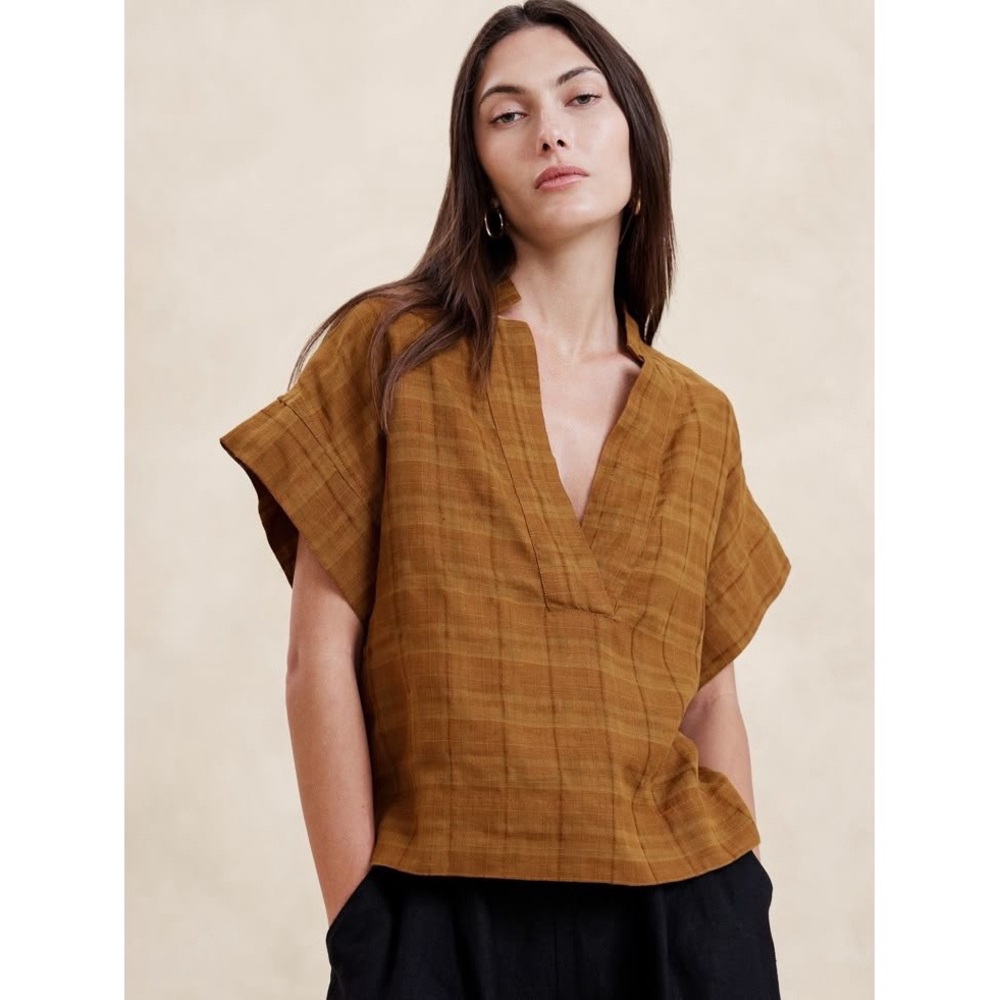 Banana Republic Laurel‎ Linen-Cotton Blend Short Sleeve Popover Top in Warm Clay